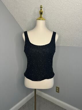 Vintage Cache Black Corset Style Beaded 100% Silk Top Sz Large READ